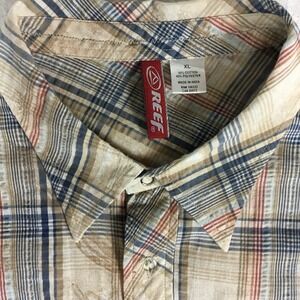Reef Mens XL Short Sleeve Plaid Pearl Snap Button Down Shirt Tan Blue Red Y2K